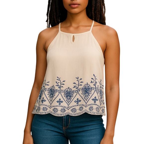 Chloe & Katie Blue and White Crinkle Embroidered Halter Tank Size XS - Picture 1 of 10